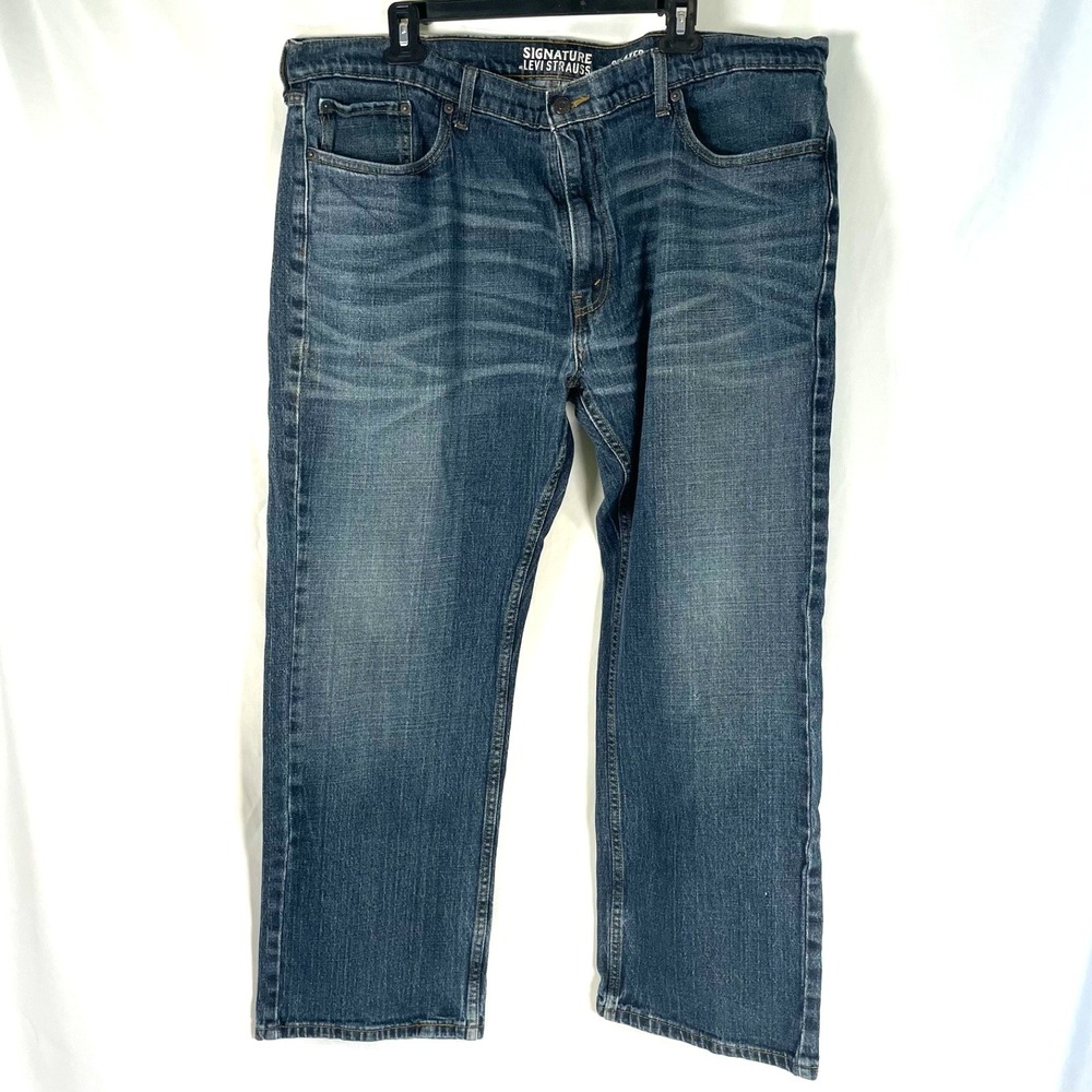 Signature By Levi's Jeans Mens 40x30 Straight Relaxed Denim Blue Distressed Zip